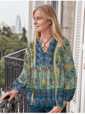 Sundance Green and Blue Floral Boho Peasant Blouse